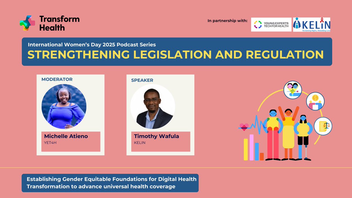 Transform Health Kenya (@trans4mhealthke) on Twitter photo To mark #InternationalWomensDay <a href="/Trans4m_Health/">Transform Health</a> & partners are launching a podcast series exploring the intersection of gender and #digitalhealth.
<a href="/KELINKenya/">KELIN</a> and <a href="/yet4uhc/">Young Experts: Tech for Health (YET4H)</a> will feature in episode 3 ‘Strengthening legislation and regulation’ for Health.
🗓️7th March 10am CET. To mark #InternationalWomensDay <a href="/Trans4m_Health/">Transform Health</a> & partners are launching a podcast series exploring the intersection of gender and #digitalhealth.
<a href="/KELINKenya/">KELIN</a> and <a href="/yet4uhc/">Young Experts: Tech for Health (YET4H)</a> will feature in episode 3 ‘Strengthening legislation and regulation’ for Health.
🗓️7th March 10am CET.