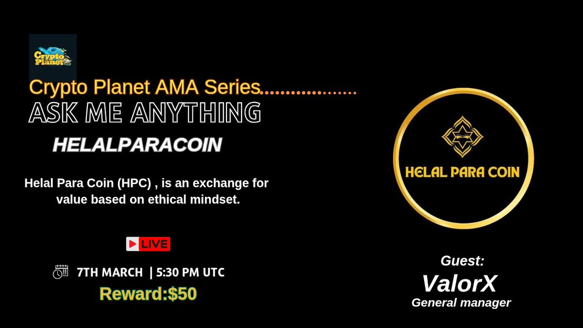 CryptoPlanetoo's tweet image. 📢 We&apos;re thrilled to announce our next #TextAMA with &quot;HELALPARACOIN&quot; on 7th March at 5:30 PM UTC

🏦Venue:t.me/Crypto_Planet_…
🏆 Reward:50$ USDT

〽️ Rules:
1️⃣. Follow
@CryptoPlanetoo
&amp;amp; 
@HelalParaCoin

👉Spacial Note:
🟢Join the IEO on Azbit:azbit.com/launchpad/hpc or…