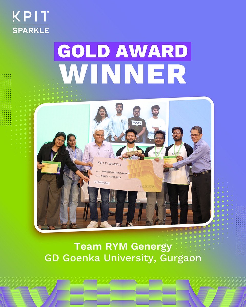 Congrats to Team RYM Genergy from <a href="/goenka_univer/">GD Goenka University</a> Gurgaon, for winning Gold at the #KPITSparkle Grand Finale! Their innovation, ULTRON, is set to transform EVs &amp; power backup systems. Kudos to Yograj, Aryan, Khushi, Devam, &amp; mentor Ms. Apeksha Mittal for this achievement!