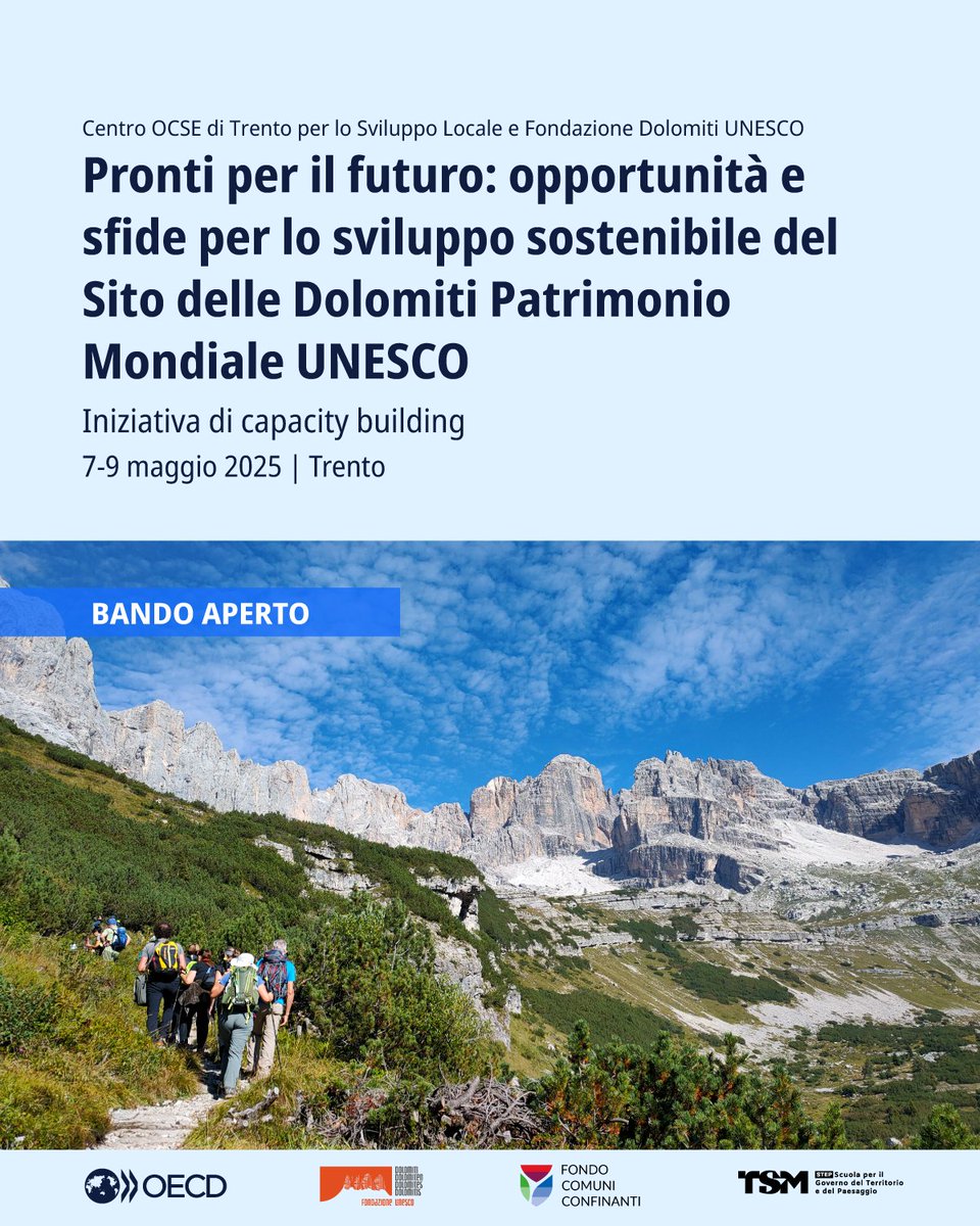 Partecipa alla nostra iniziativa di #capacitybuilding per esplorare strategie pratiche e soluzioni sostenibili specifiche per il Sito delle #Dolomiti Patrimonio Mondiale #UNESCO.

🗓️7-9 maggio 📍Trento
✍️Candidati entro il 1 aprile!
🟠Info oe.cd/5W9