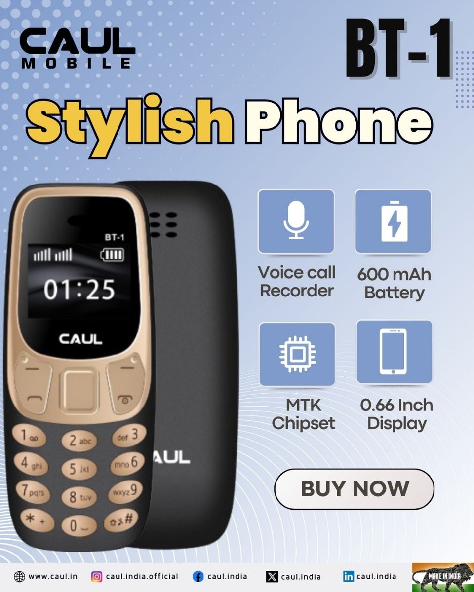 CaulIndia's tweet image. The Caul BT-1 is built for reliability and style! Featuring an MTK chipset, Bluetooth connectivity, fun games, and a powerful 600mAh battery, it keeps you connected all day long.

For inquiries, contact +91-9990330058

#CaulBT1 #StayConnected #SmartKeypad
