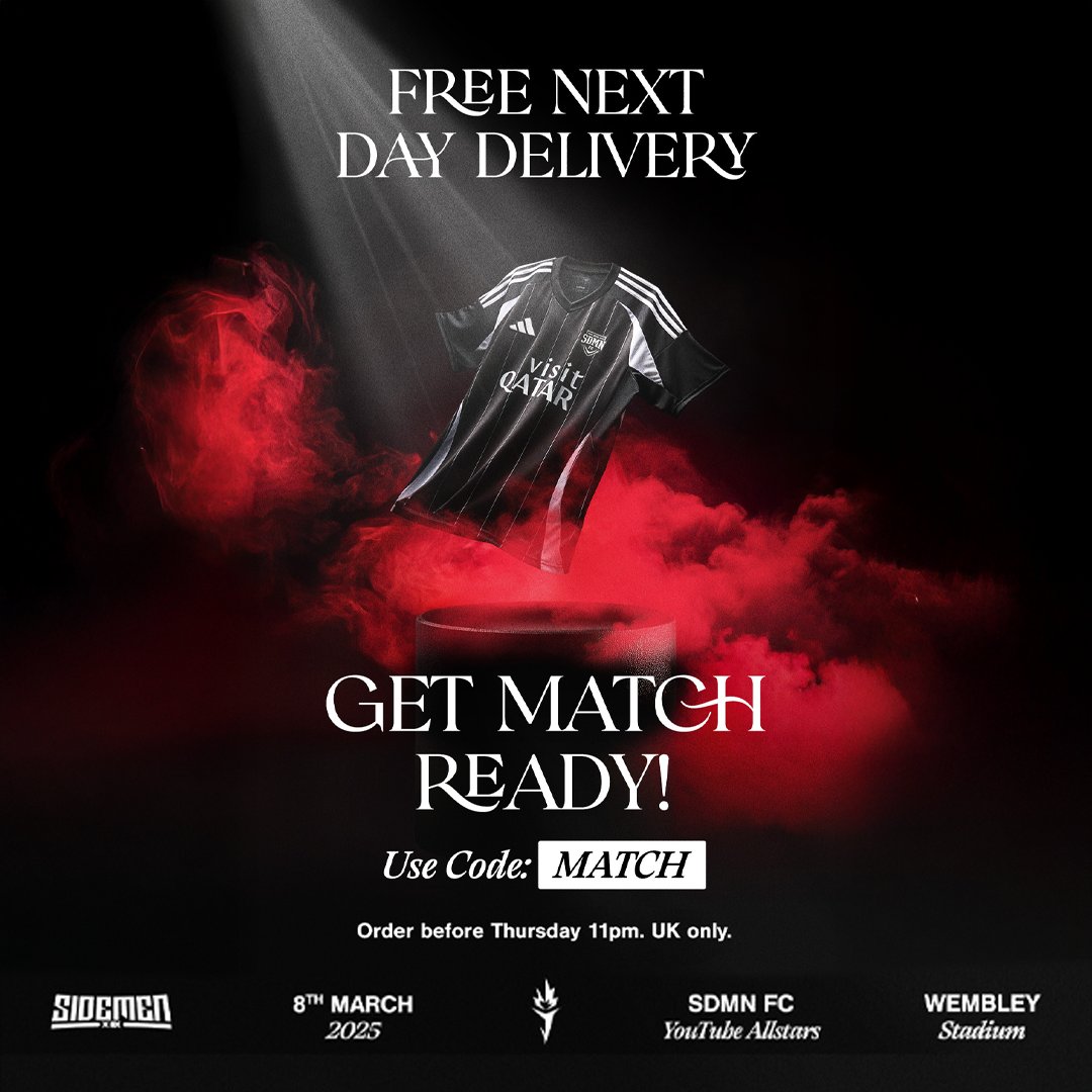 GET MATCH READY! In need of a last minute shirt before the match? ⚽️

Get yours now online and get FREE NEXT DAY DELIVERY with code: MATCH 

Free Next Day Delivery on orders until 11pm tonight 🫡 UK only.

#footasylum #sidemen