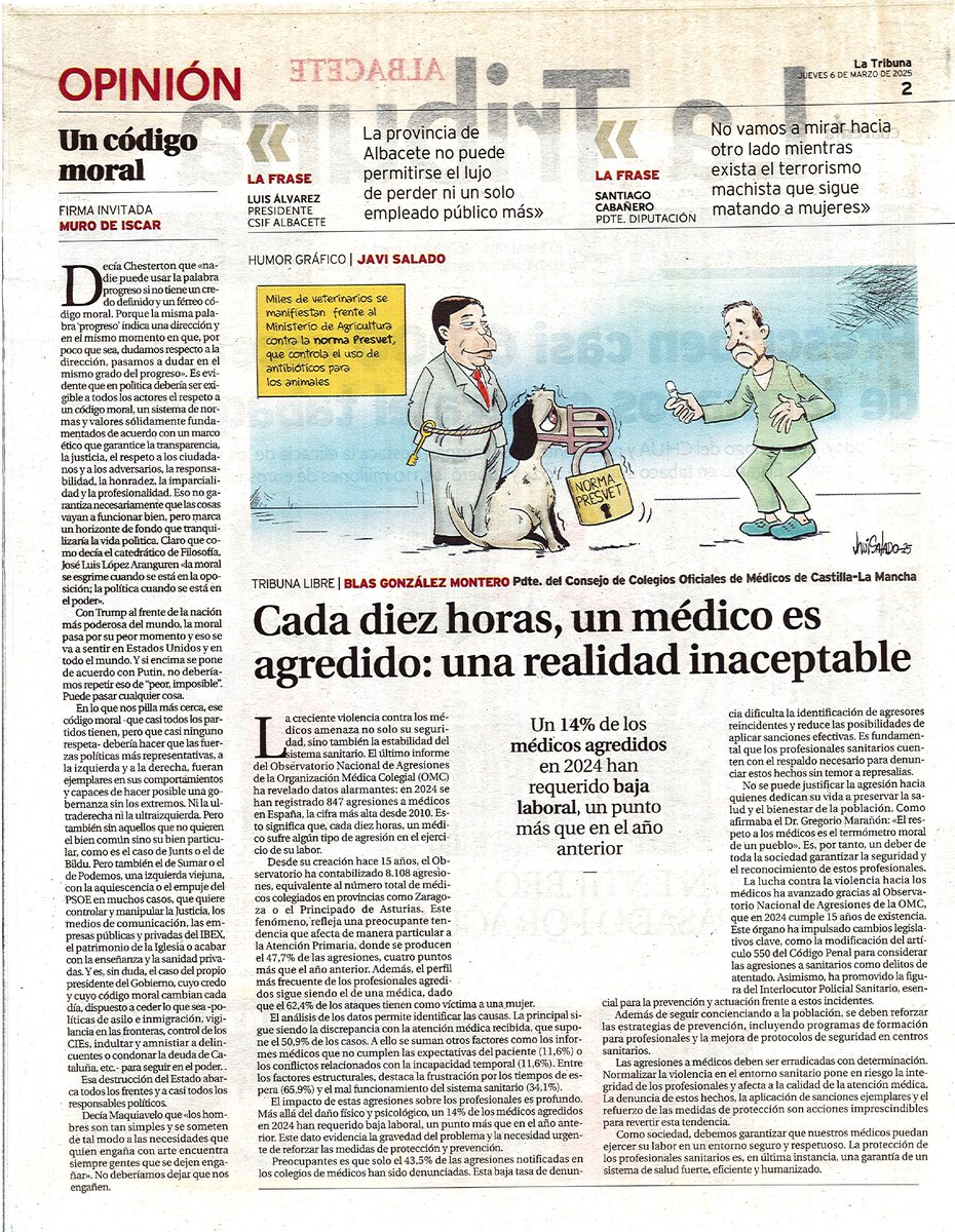 ✍📰 Artículo del Presidente Consejo Colegios Médicos C-LM,  Blas González, en @latribunadealbacete
✔ "La creciente violencia contra los médicos amenaza no sólo su seguridad sino también la estabilidad del sistema sanitario"
✔ Las agresiones a médicos deben ser erradicadas