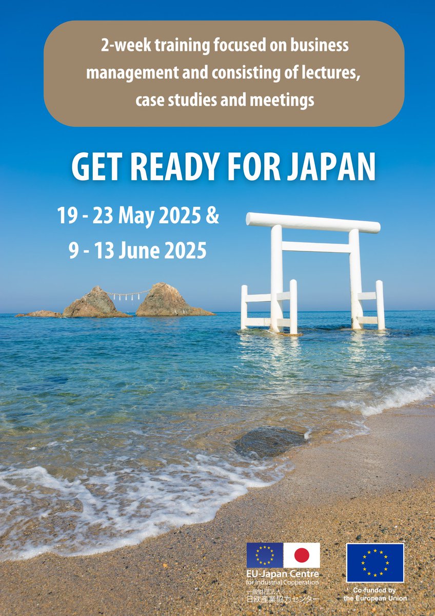 🎎📢 LAST CALL to apply for our Get Ready For Japan 2-week #training by March 13!

Are🫵an #EU business seeking insights into the Japanese market and business environment? Apply now and join us in May (online) and June (in Japan)! 

🔍 More info: bit.ly/3IUhxFH