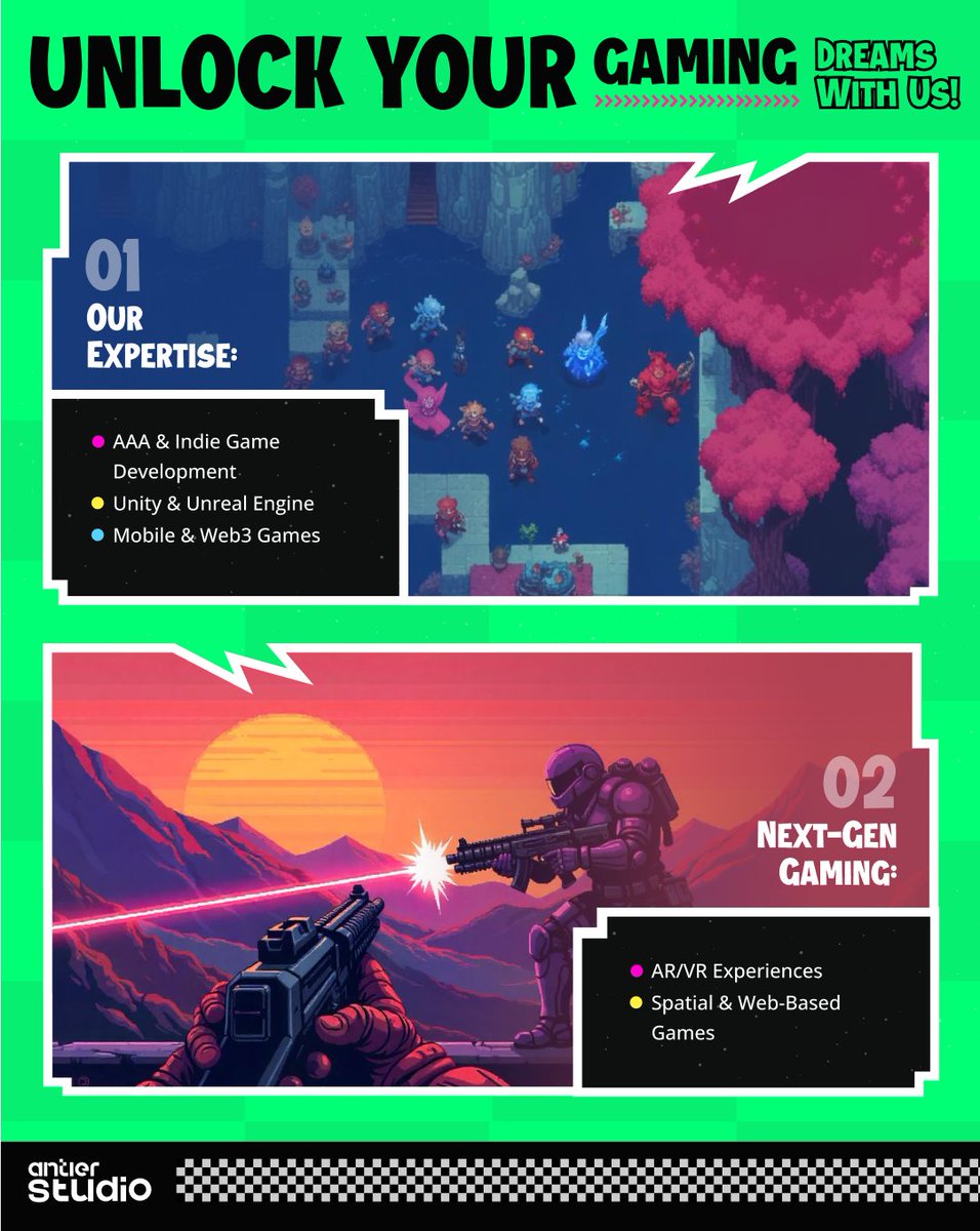 antierstudio's tweet image. What type of game are you most excited to develop?
Let’s collaborate &amp;amp; create something extraordinary! 

#GameDevelopment #NextGenGaming #Web3Gaming