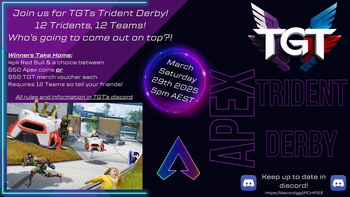 Guys if u are in OCE and want to be apart of an amazing community and get involved with amazing event like our apex trident derby on the 19th of March join <a href="/TeamGamerTagAUS/">TGT|YOSH33</a> and sign up discord.gg/726k9jyXgu