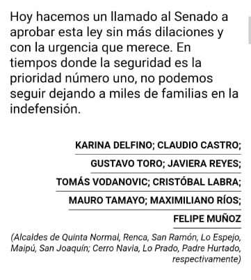 Claudio Castro Salas (@cn_castro) on Twitter photo Hoy, como alcaldes progresistas en <a href="/__elmercurio/">El Mercurio</a> , hacemos un llamado al Senado y a nuestros colegas de oposición a APROBAR la #LeydeSeguridadMunicipal que está en el Congreso.
Proteger a inspectores municipales, reconocerlos normativamente y endurecer las penas a quienes los Hoy, como alcaldes progresistas en <a href="/__elmercurio/">El Mercurio</a> , hacemos un llamado al Senado y a nuestros colegas de oposición a APROBAR la #LeydeSeguridadMunicipal que está en el Congreso.
Proteger a inspectores municipales, reconocerlos normativamente y endurecer las penas a quienes los