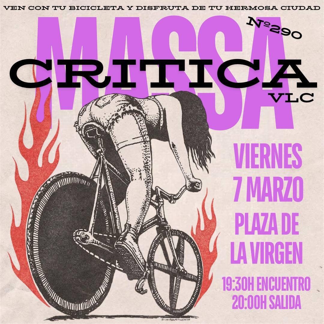 Todos los primeros viernes de mes algunos ciclistas coincidimos casualmente en la Plaza de la Virgen y salimos a rodar por la ciudad.

El 7 de marzo a las 19:30 nos encontramos, y si llegas tarde nos localizas con <a href="/CriticalMaps/">Critical Maps</a> 

💜🚲¡Viva la bici! 🚲💜