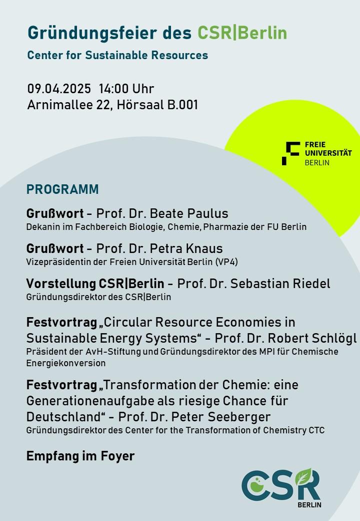 Sebastian Riedel (@riedellab) on Twitter photo NEWS: FUB is establishing the Center for Sustainable Resources - CSR|Berlin. Research activities will be brought together with the aim of sustainable and circular resource and material use and synthesis. Opening ceremony 9. April 2025, 2pm, lectures by Schlögl and <a href="/peterseeberger/">Peter Seeberger</a> NEWS: FUB is establishing the Center for Sustainable Resources - CSR|Berlin. Research activities will be brought together with the aim of sustainable and circular resource and material use and synthesis. Opening ceremony 9. April 2025, 2pm, lectures by Schlögl and <a href="/peterseeberger/">Peter Seeberger</a>