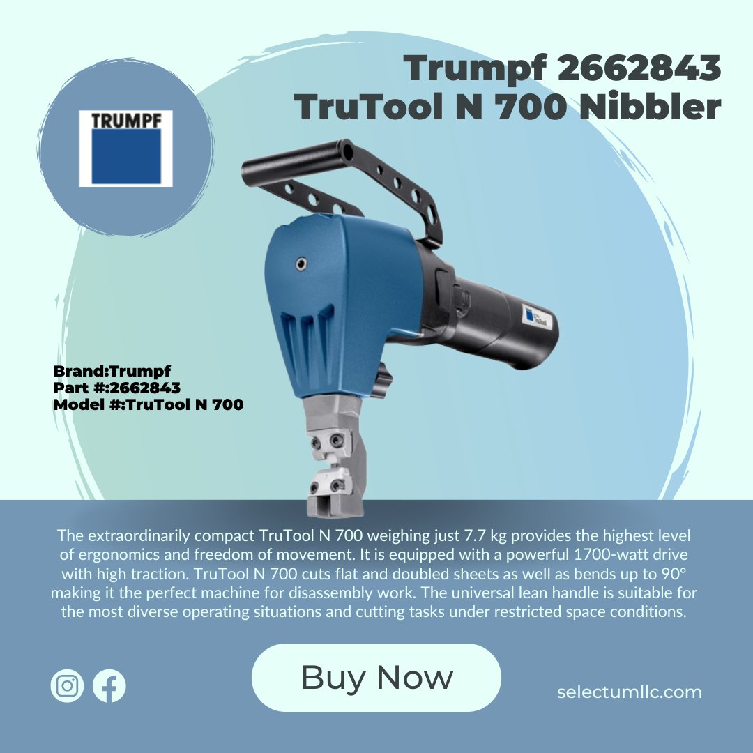 selectumstore's tweet image. The Trumpf TruTool N 700 Nibbler is a strong 1700W tool that requires little effort to cut 90° bends, flat, and doubled sheets! It is ideal for disassembly work because of its ergonomic form and 4-way adjustable cutting. Shipping is free! ♙️ #PrecisionCutting #TrumpfTools