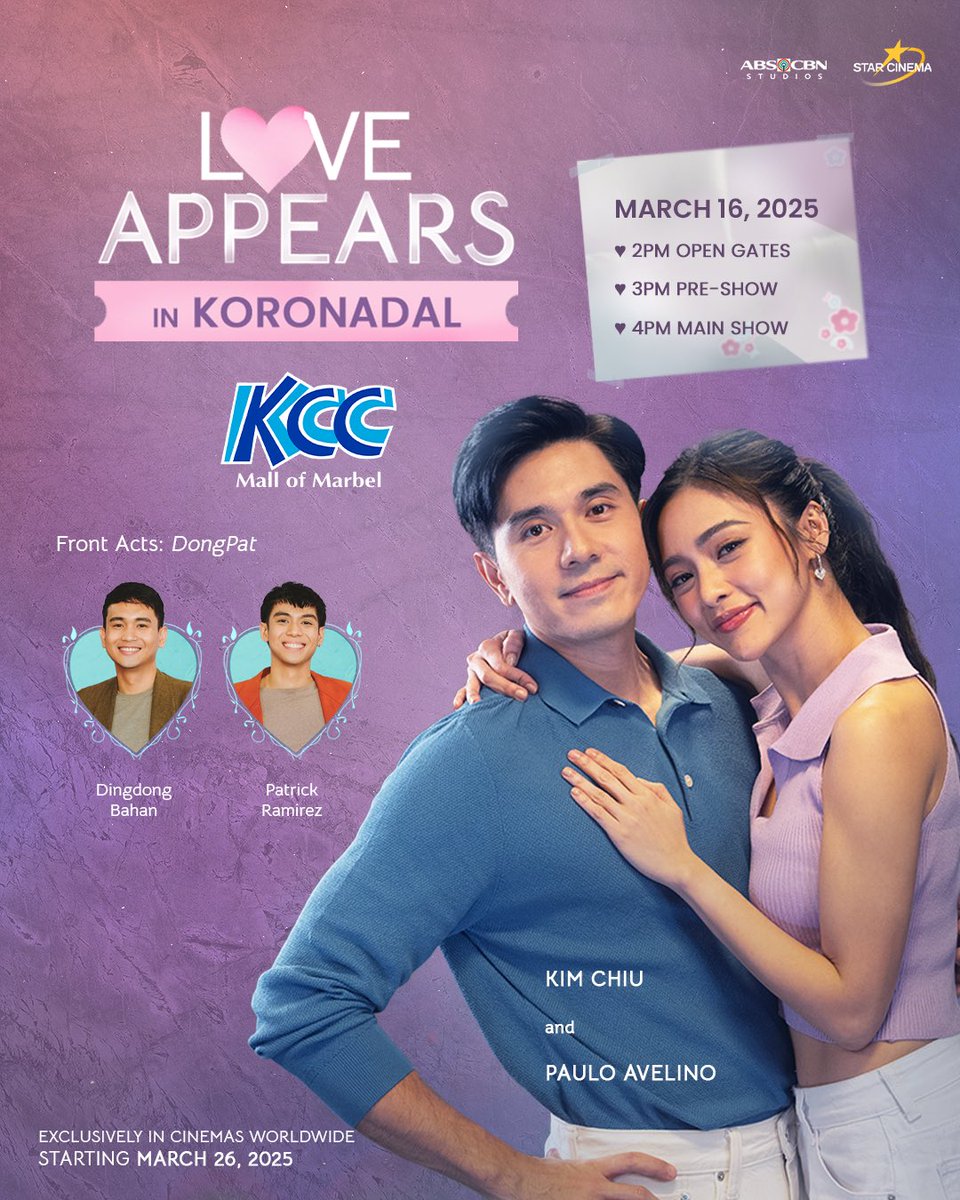 Nasaan ang pag-ibig? Nasa Gensan at Koronadal! 💓 

Watch out for #Kimpau on March 16 and appear on the following venues:
3PM: KCC Mall of Marbel
6PM: KCC Mall of Gensan

With special guests, Dingdong Bahan and Patrick Ramirez! ✨

At see you rin in cinemas worldwide beginning in