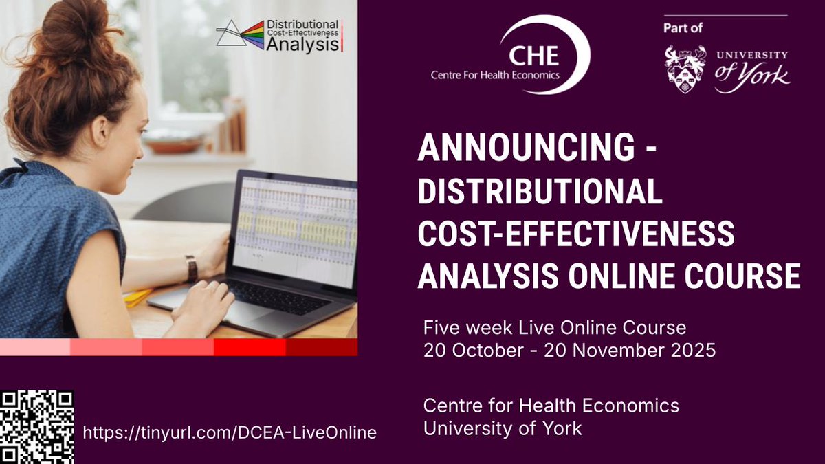 Announcing new dates for a live online course on Distributional Cost-Effectiveness Analysis: 20 Oct - 20 Nov 2025. Come meet us online: tinyurl.com/DCEA-LiveOnline 
@CHEYork's popular DCEA short course can now be booked as both 'live-online' and 'on-demand'
