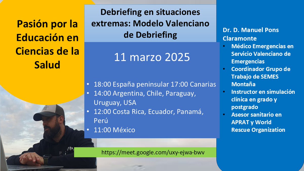 📢🚑¿Conoces el Modelo Valenciano de #debriefing en situaciones extremas?
¡Apúntate al webinar de <a href="/drpons85/">Manu</a> el próximo 11 de marzo aquí! 👇
¿Quieres más detalles?👉revistaemergencias.org/wp-content/upl… 
#Simulacionclinica #DocenciaUrgencias #EspecialidadMUE