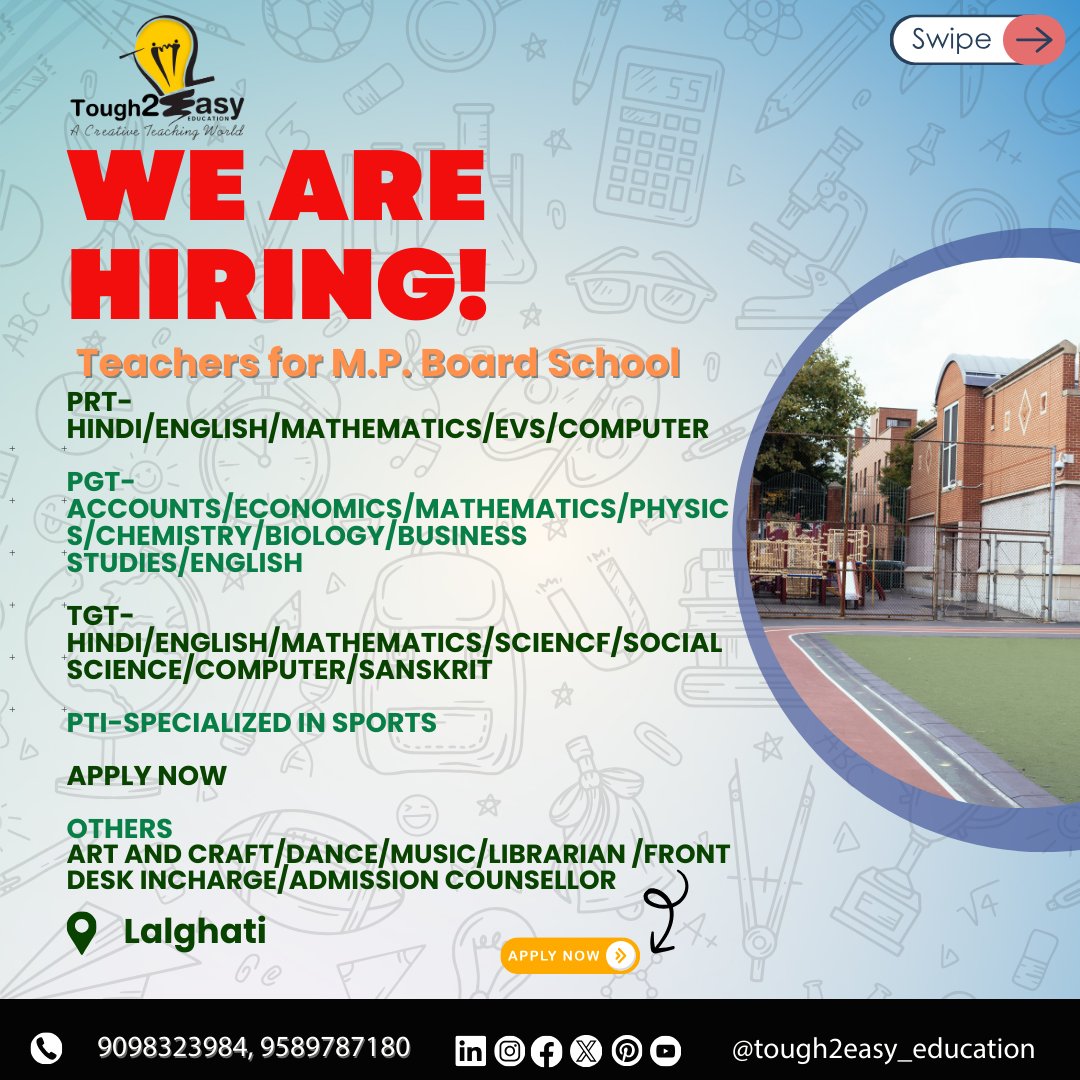 tough2easy's tweet photo. 🚀 WE ARE HIRING! 🚀
Passionate about teaching? Tough2Easy Education is looking for skilled educators to shape the future! 🌟
✅ Opportunities Available:
🔹 PRT, TGT, PGT (All Subjects)
🔹 Home Tutors (Flexible Hours)
🔹 Specialized Roles (Art, Music, Sports &amp; More!)
#TeachingJob https://t.co/gWQPDkB2QU