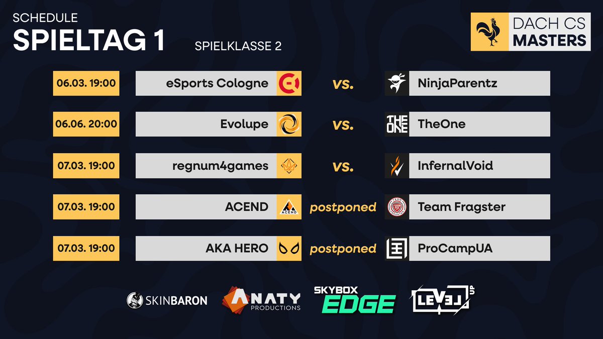 DACH CS Masters (@dachcs) on Twitter photo 📣 ES IST SPK.2 SPIELTAG 📣
Endlich beginnt heute auch die Spielklasse 2 mit ihren Matches! 🥳
Ab 19 Uhr geht's los heute mit <a href="/esportscologne/">eSports Cologne</a> vs. <a href="/NinjaParentz/">NinjaParentz</a> und ab 20 Uhr sehen wir <a href="/Evolupegg/">EVOLUPE</a> im Spiel gegen <a href="/TheOneHQ/">THE ONE</a>! 🫵
#DACHCSMasters🐔 📣 ES IST SPK.2 SPIELTAG 📣
Endlich beginnt heute auch die Spielklasse 2 mit ihren Matches! 🥳
Ab 19 Uhr geht's los heute mit <a href="/esportscologne/">eSports Cologne</a> vs. <a href="/NinjaParentz/">NinjaParentz</a> und ab 20 Uhr sehen wir <a href="/Evolupegg/">EVOLUPE</a> im Spiel gegen <a href="/TheOneHQ/">THE ONE</a>! 🫵
#DACHCSMasters🐔
