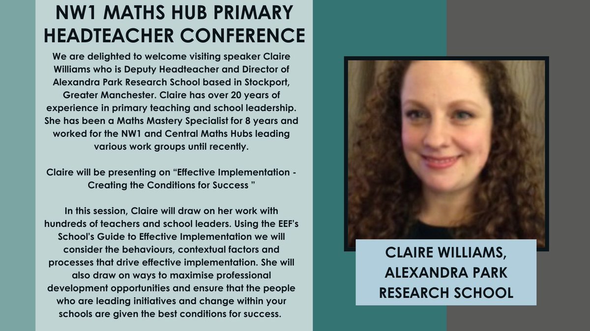 Claire Williams, Deputy Headteacher and Director of Alexandra Park Research School: we're delighted to welcome her to our Primary Headteacher Conference!

Sign up to attend, for Primary Headteachers in Bury, Manchester, Oldham, Rochdale and Stockport: forms.gle/AGKn4yxpfWUvDu…