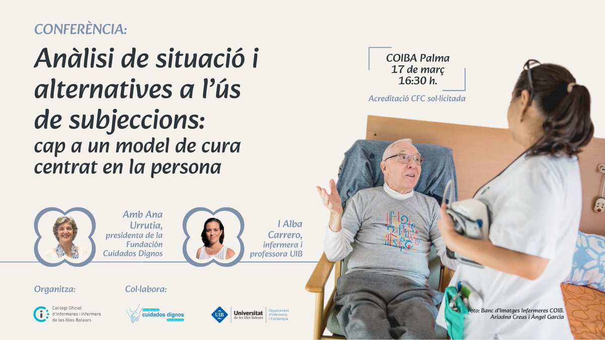 COIBA (@coiba1) on Twitter photo Conferència ‘Anàlisi de situació i alternatives a l’ús de subjeccions: cap a un model de cura centrat en la persona’👥Amb <a href="/AnaUrrutiab/">Dra. Ana Urrutia</a> (Fundació <a href="/CuidadosDignos/">CuidadosDignos</a>) i <a href="/AlbaCarreroPlan/">Alba Carrero</a>
➕Organitza: Comissió de Cures a Gent Gran
🗓️17 març-16.30h
📍COIBA Palma
🔗bit.ly/3D6cDX6 Conferència ‘Anàlisi de situació i alternatives a l’ús de subjeccions: cap a un model de cura centrat en la persona’👥Amb <a href="/AnaUrrutiab/">Dra. Ana Urrutia</a> (Fundació <a href="/CuidadosDignos/">CuidadosDignos</a>) i <a href="/AlbaCarreroPlan/">Alba Carrero</a>
➕Organitza: Comissió de Cures a Gent Gran
🗓️17 març-16.30h
📍COIBA Palma
🔗bit.ly/3D6cDX6