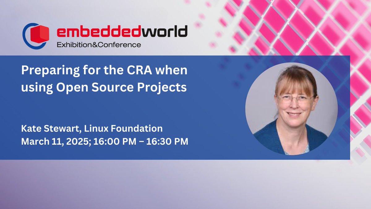 Zephyr Project (@zephyriot) on Twitter photo How will the Cyber Resilience Act (CRA) impact #opensource projects? <a href="/_kate_stewart/">Kate Stewart</a> (<a href="/linuxfoundation/">The Linux Foundation</a>) breaks down obligations for product makers vs. open source stewards, Zephyr’s approach to Build SBOMs & LTS fixes, & what gaps remain. hubs.la/Q039FkB20 #EmbeddedWorld How will the Cyber Resilience Act (CRA) impact #opensource projects? <a href="/_kate_stewart/">Kate Stewart</a> (<a href="/linuxfoundation/">The Linux Foundation</a>) breaks down obligations for product makers vs. open source stewards, Zephyr’s approach to Build SBOMs & LTS fixes, & what gaps remain. hubs.la/Q039FkB20 #EmbeddedWorld