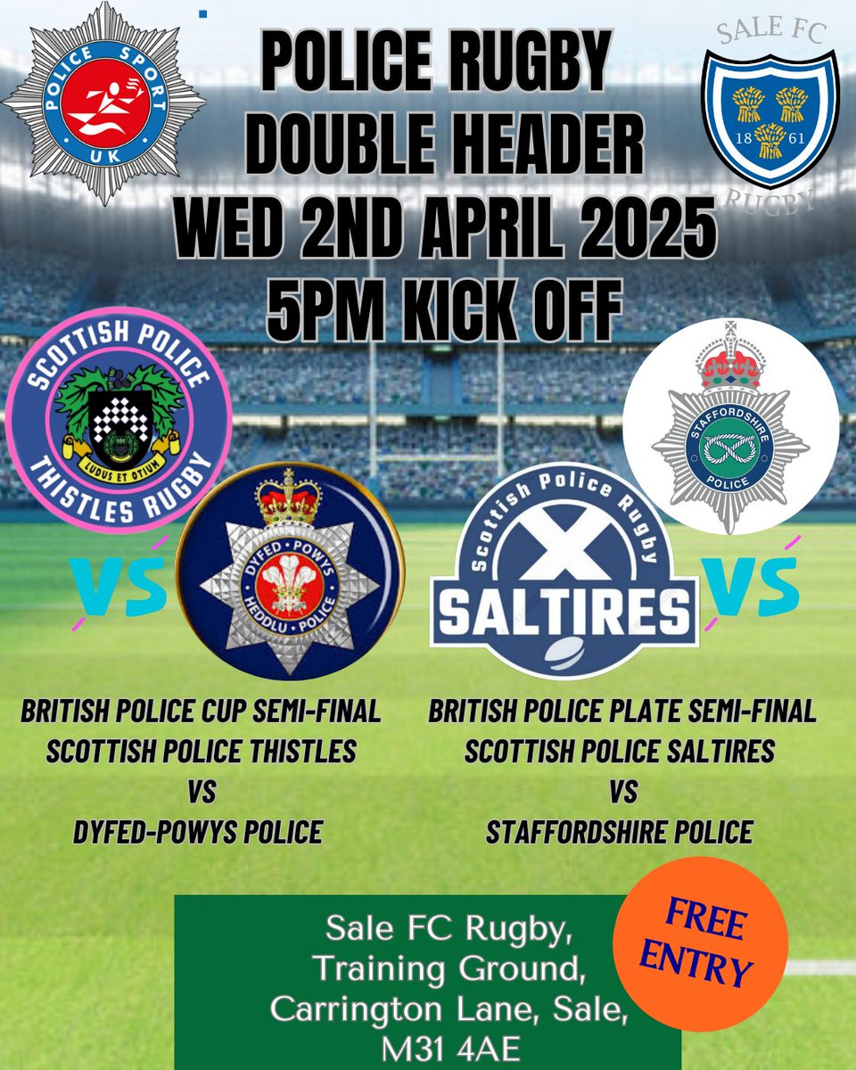 ScottishPoliceRugby (@scotpolrugby) on Twitter photo Great to see both men's regional teams make the Semi Finals of their respective British Police tournaments once again this season.
<a href="/ScotPolThistles/">Scottish Police Thistles Rugby</a> vs Dyfed-Powys Police
<a href="/ScotPolSaltires/">Scottish Police Saltires Rugby</a> vs Staffordshire Police
๐ Sale FC Rugby, Manchester
๐
Wednesday 2nd April
๐ด๓ ง๓ ข๓ ณ๓ ฃ๓ ด๓ ฟ๐ฎ๐ปโโ๏ธ๐ Great to see both men's regional teams make the Semi Finals of their respective British Police tournaments once again this season.
<a href="/ScotPolThistles/">Scottish Police Thistles Rugby</a> vs Dyfed-Powys Police
<a href="/ScotPolSaltires/">Scottish Police Saltires Rugby</a> vs Staffordshire Police
๐ Sale FC Rugby, Manchester
๐
Wednesday 2nd April
๐ด๓ ง๓ ข๓ ณ๓ ฃ๓ ด๓ ฟ๐ฎ๐ปโโ๏ธ๐