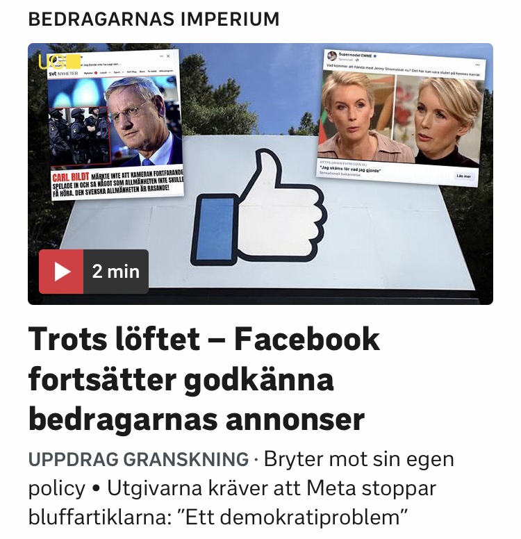 Är det inte brottsligt att som Facebook godkänna annonser som lurar människor? #meta #facebook 
kulturbloggen.com/?p=191426