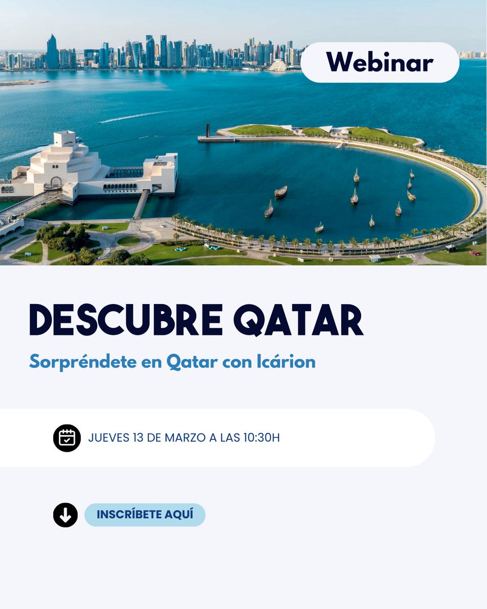 📅Save the Date: Jueves 13 de marzo a las 10:30h

👩‍🏫Webinar: Sorpréndete en Qatar con Icárion

⬇️⬇️¡Inscríbete aquí!⬇️⬇️
bookingfax.com/webinars/cont.…

#agentesdeviajes #agenciasdeviajes #formacion #webinars
