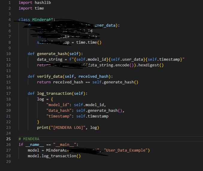 aimindera's tweet photo. 💻 Behind the Code – MINDERA's AI Data Verification

Here’s a glimpse into how we ensure data integrity on our decentralized AI platform.

✅ What does this code do?

Generates a unique data hash using SHA-256 encryption to secure AI model transactions.
Verifies user data by comparing received hashes with system-generated ones.
Logs transactions for transparency and future audits.
This ensures secure, tamper-proof interactions between AI models and user data—the foundation of our decentralized future.

🔗 Join the conversation: https://t.co/qnBPf11Exs
🌐 Learn more: https://t.co/opsLCmiILW
#MINDERA #BlockchainAI #SecureData #DecentralizedFuture