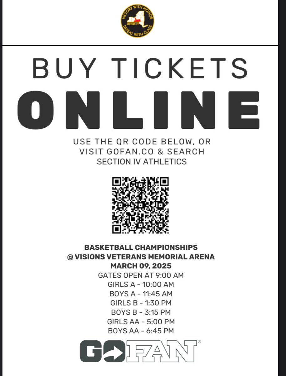 SABER fans, we would like to see each and every one of you at the Broome
County Arena on Sunday afternoon!  1:30 tip time!
Our girl’s varsity basketball team will be playing Forks in the Class B sectional championship
game!!!  
Link for tickets is attached!
