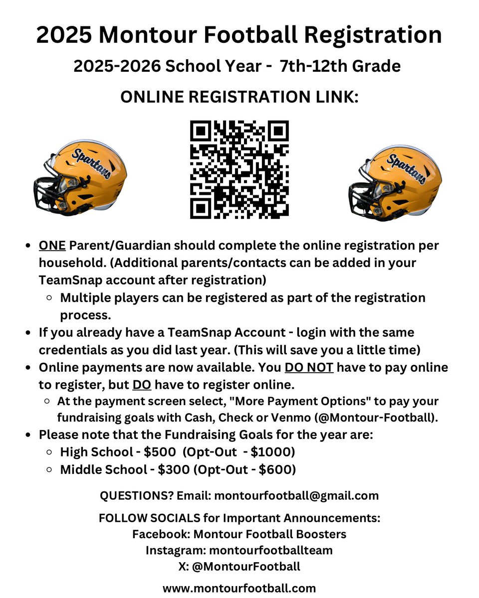 🏈 Player Registration is NOW OPEN for 7th-12th grade players entering the Fall 2025 season!

🏈 Player registration is ONLINE ONLY.

🏈 Register at the following link ⬇️:
montourfootball.teamsnapsites.com/registration/

🖤🏈💛