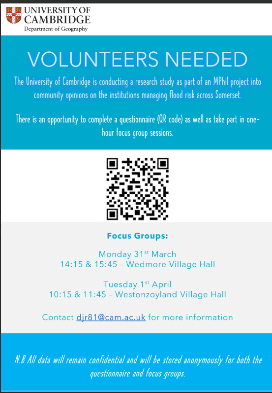 IsleOfWedmore's tweet photo. Two focus groups: Wedmore village hall - first 2:15 pm, next,3:45 pm
Dominic Remedios, Masters Research Dissertation student U of Cambridge, working with Dept Geography. Research focuses flood risk mgt, how auth'ties/instit'ns mnging flood risk are viewed  community perspective. https://t.co/M7CeaYNSsN