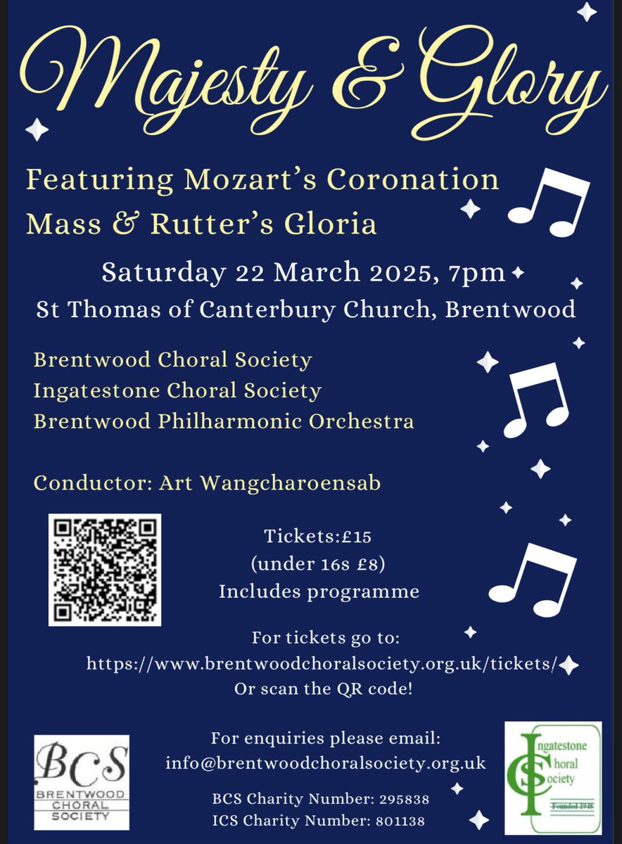 On Saturday 22 March at 7pm, experience the soaring beauty of Mozart’s Coronation Mass and Rutter’s Gloria at St Thomas’ Church, Brentwood. Featuring <a href="/BrentwoodChoral/">Brentwood Choral Society</a> <a href="/IngatestoneCho1/">Ingatestone Choral Society</a> <a href="/Brentwoodphil/">BPO</a>
🎟 Get tickets here: brentwoodchoralsociety.org.uk/tickets
Don’t miss out on this concert!