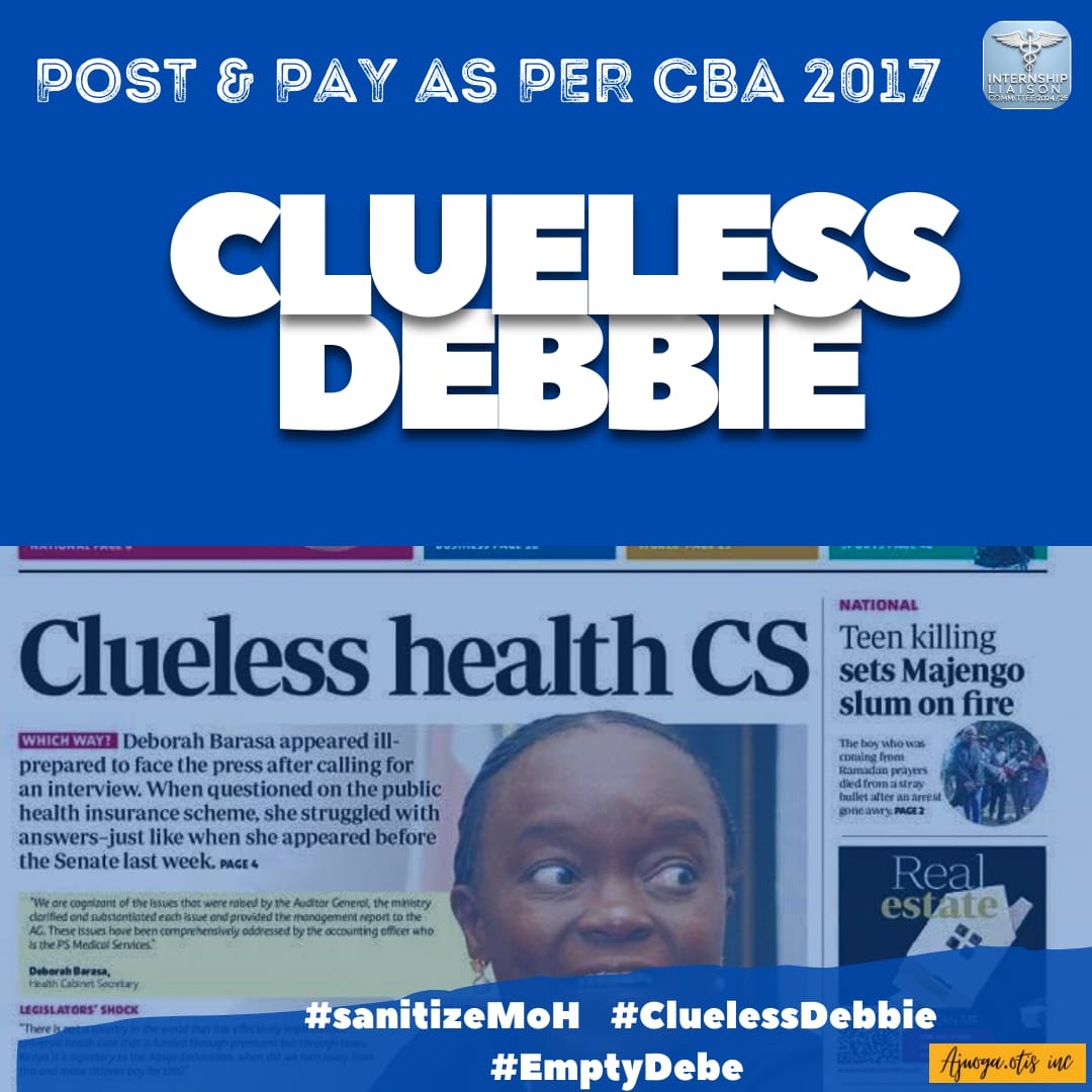 The health cabinet secretary's failure to post interns and the non-functioning SHA reflect a lack of leadership and accountability, which is undermining the healthcare system's effectiveness and progress. Post interns!!
#CluelessDebbie 
#SanitizeMoh
#MedInternPosting.