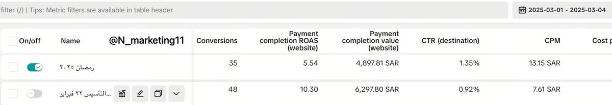 عندي حملتين شغالة
كل وحدة لحدث معين (رمضان + التأسيس)
لحد اليوم التأسيس شغالة ولا وقفتها الابعد تراجع النتائج📈 CPR/ ROAS

قرار ايقاف الحملة المفروض مايتم الا بعد تحليل عميق للماتركس وبعد التحسين
لاحظو التاريخ بالصور بين الحملتين وقارنو النتائج

<a href="/Mkt_Art/">فن التسويق | MKT_ART</a>