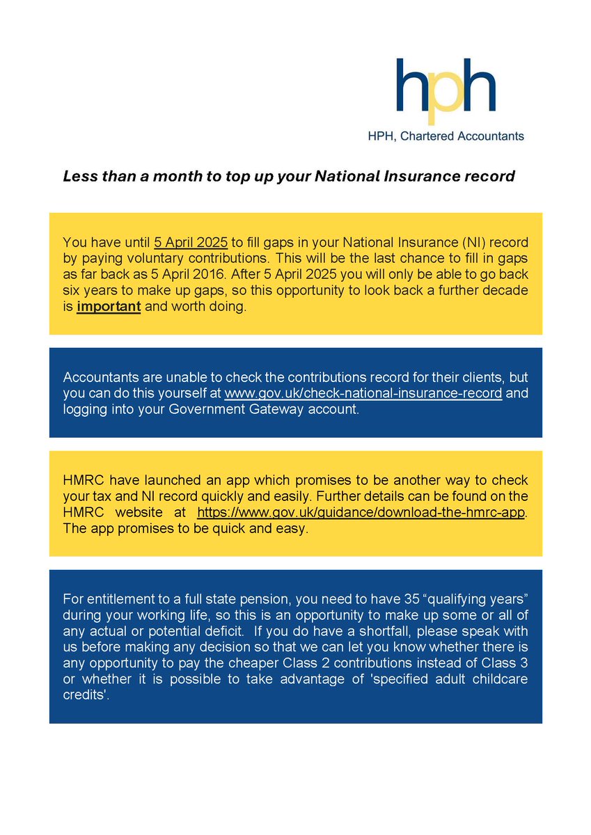 Less than a month to top up your National Insurance record ... #hph #accountants #NIC