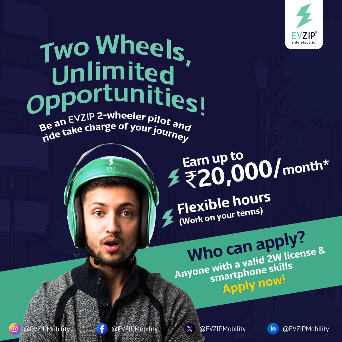 Imagine earning ₹20,000/month while working on your terms. Sounds good?  

With #EVZIP, you decide when to ride and how much to earn! 

Got a 2W license &amp; smartphone skills? You’re all set! Join the ride today.

Contact us at +91 40-35087960
#EVZIP #EarnOnYourTerms