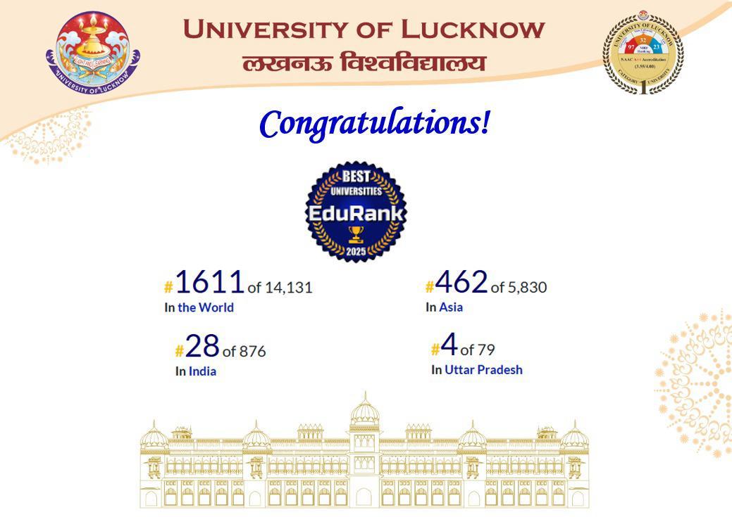 Under the visionary leadership of Hon'ble Vice Chancellor Prof Alok Kumar Rai, University of Lucknow ranked among leading academic institutions by Edurank!
#LU_Excellence
Congratulations to Everyone!🎉
