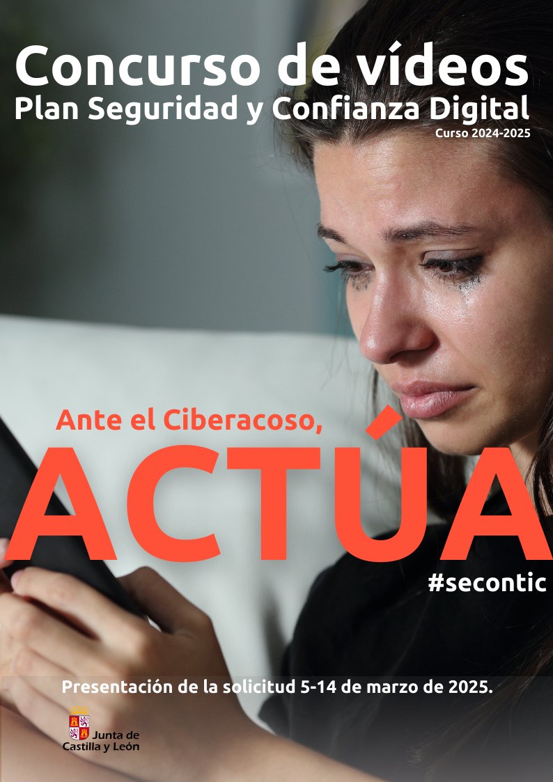 🎥 ¡Participa en el Concurso de Vídeos del Plan de Seguridad y Confianza Digital! 🌐
👦👧 Categorías: Primaria (5º y 6º), ESO y FP Básica.
📅 Plazos:
📆 Del 5 al 14/03/2025.
💡 Tema: Actúa contra el ciberacoso.
📽️ +info: educa.jcyl.es/plandesegurida…