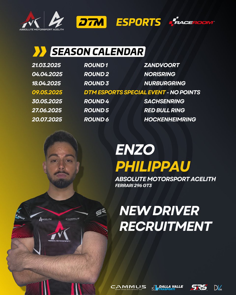 #raceroom | #absolute | #esports
🏅RaceRoom DTM Championship 2025

📢 Big announcement.
We are happy to announce that Enzo Philippau , a very fast French driver who will represent us in the Official DTM Championship

Welcome Enzo Good luck and enjoy your stay

#raceroom #dtm