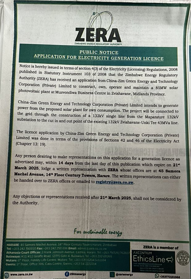 China-Zim Green Energy Seeks License for 85MW Solar Plant in Zvishavane.

The Zimbabwe Energy Regulatory Authority (ZERA) has received an application from China-Zim Green Energy and Technology Corporation for a license to construct, own, and operate an 85MW solar photovoltaic