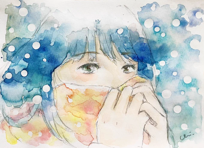季節外れの雪。「一緒に帰ろう」#水彩画 #絵画 #イラスト#watercolor 