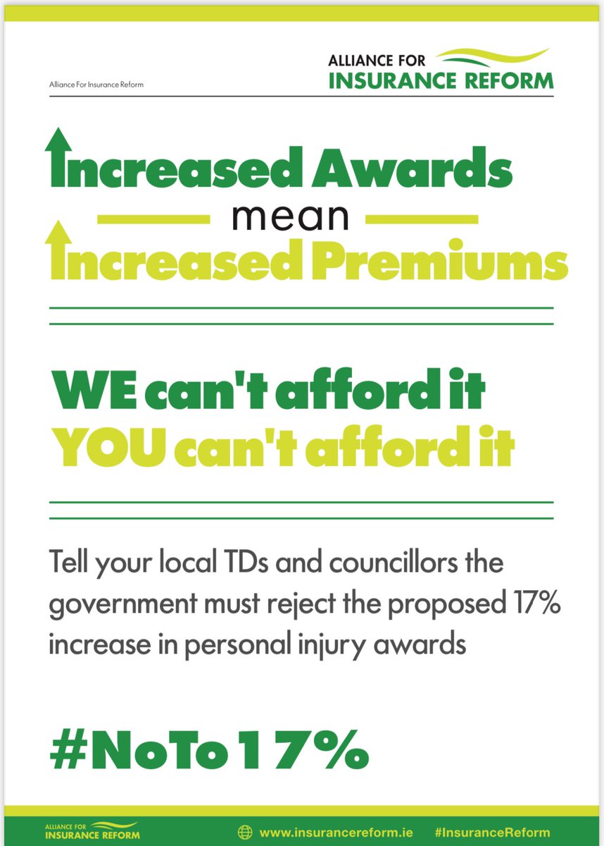 Alliance For Insurance Reform (@insurancerefire) on Twitter photo If the government approves a 17% increase in personal injury awards, motor and liability insurance premiums will only go up.
This can’t just be rubber-stamped with policyholders left to pick up the bill.
#NoTo17%
<a href="/RobertTroyTD/">Robert Troy TD</a> If the government approves a 17% increase in personal injury awards, motor and liability insurance premiums will only go up.
This can’t just be rubber-stamped with policyholders left to pick up the bill.
#NoTo17%
<a href="/RobertTroyTD/">Robert Troy TD</a>