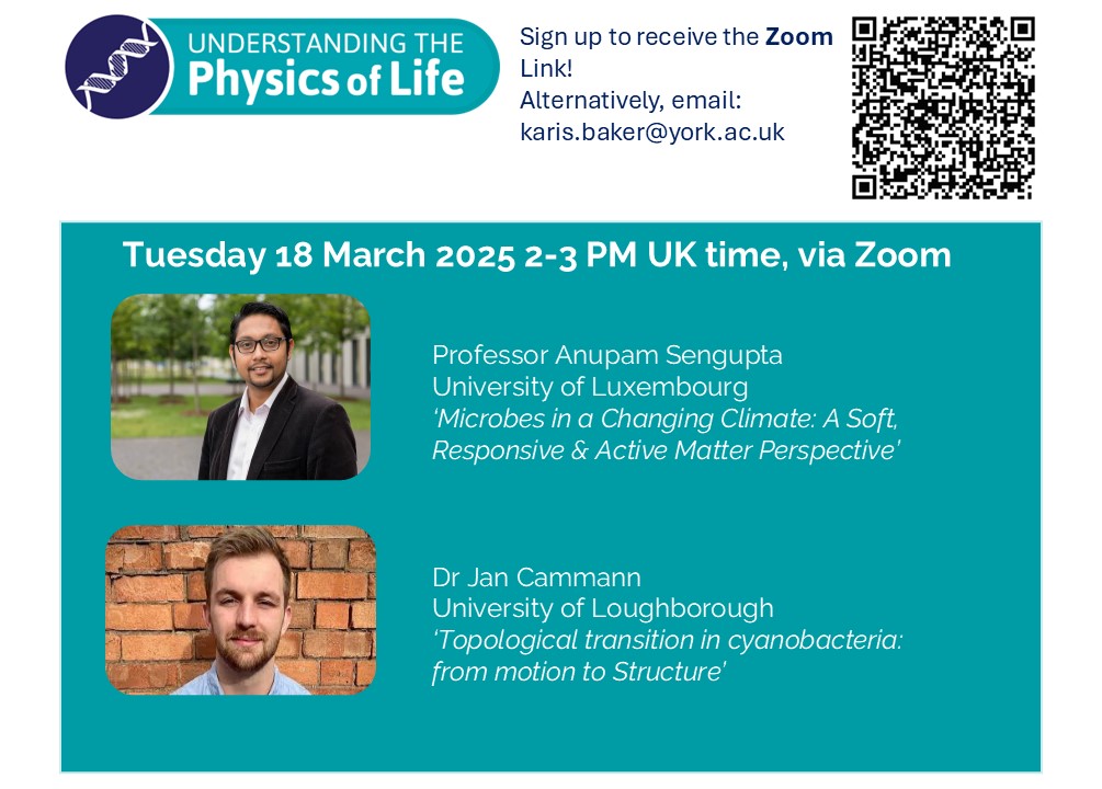 Our first <a href="/PhysicsofLifeUK/">Physics of Life</a> online ECR seminar was held on 18 Feb and we were delighted to be joined by so many. 
We are holding our next seminar on 18 March, 2-3pm UK time (details below) 
<a href="/BigaVeronica/">Veronica Biga</a> <a href="/CammannJ/">Jan Cammann</a>