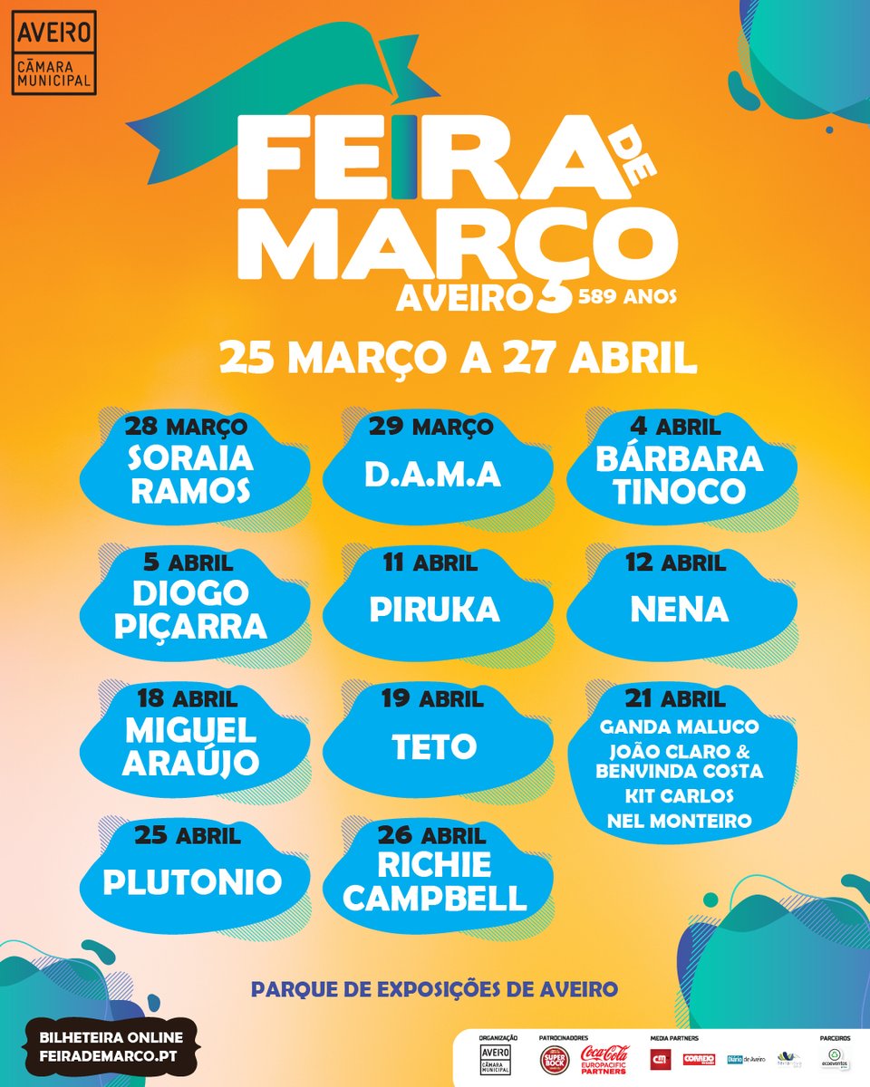 A Feira de Março está de volta, de 25 de março a 27 de abril! Cinco semanas de pura animação, onde a música, a diversão, as exposições e a gastronomia se juntam para momentos inesquecíveis . 
Bilhetes disponíveis a partir de 7 de março. 
#municipiodeaveiro #aveiro #feirademarço