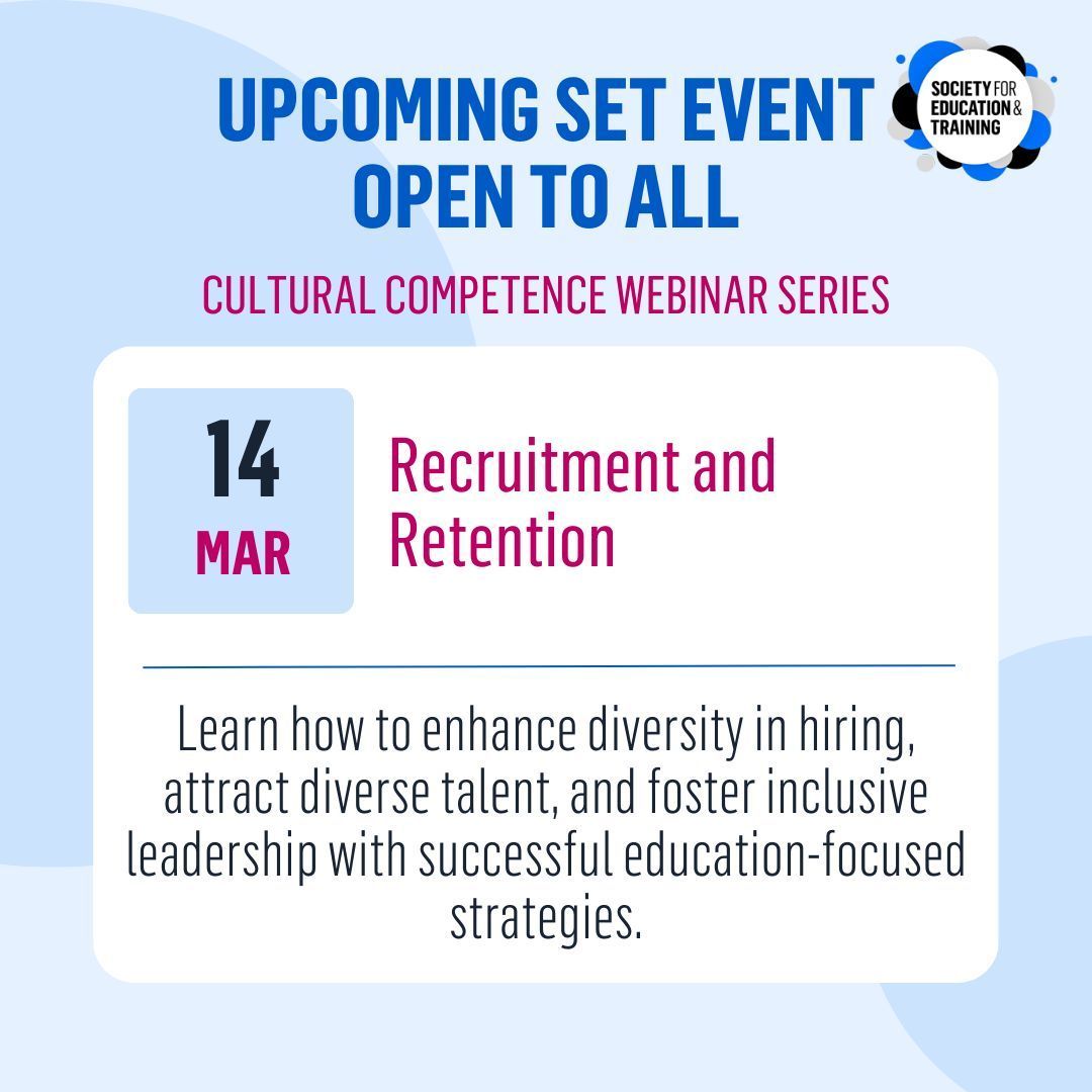 Join us for our first webinar in our new cultural competence series. This session will explore recruitment and retention in the sector, and our expert panel will share strategies and insights to help attract, support, and retain diverse talent.

👉buff.ly/pOeBPqy