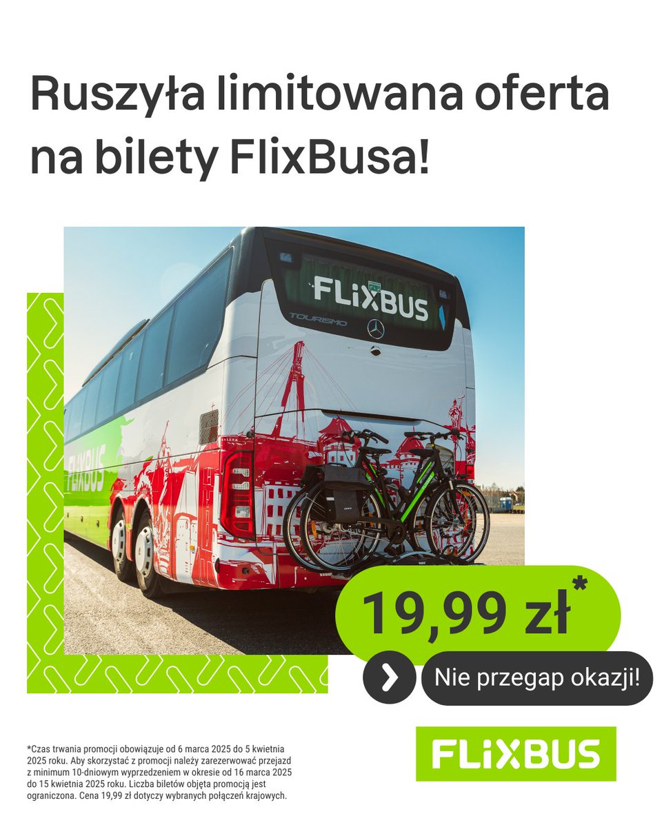 FlixBus_PL's tweet image. FlixBus rusza z wiosenną promocją na bilety!‼️

💚 Przejazdy po całej Polsce już od 19,99 zł
💚 Międzynarodowe od 69,99 zł, a dalsze trasy (+700 km) za 149,99 zł
🚲 Od marca znów możesz zabrać rower w podróż

Oferta limitowana! Szczegóły poniżej 👇
flixbus.pl/firma/prasa/ko…