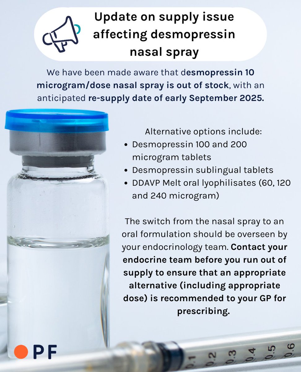 We have received information that current supply issues affecting desmopressin nasal spray will now not be resolved until early September 2025, rather than March 2025, as we previously shared. Read our full update here - pituitary.org.uk/availability-a…