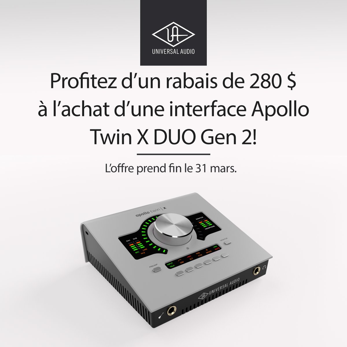 It's March, which means some great <a href="/UAudio/">Universal Audio</a>  promos! 

Save $280 off the BRAND NEW Apollo Twin X Duo Gen 2!