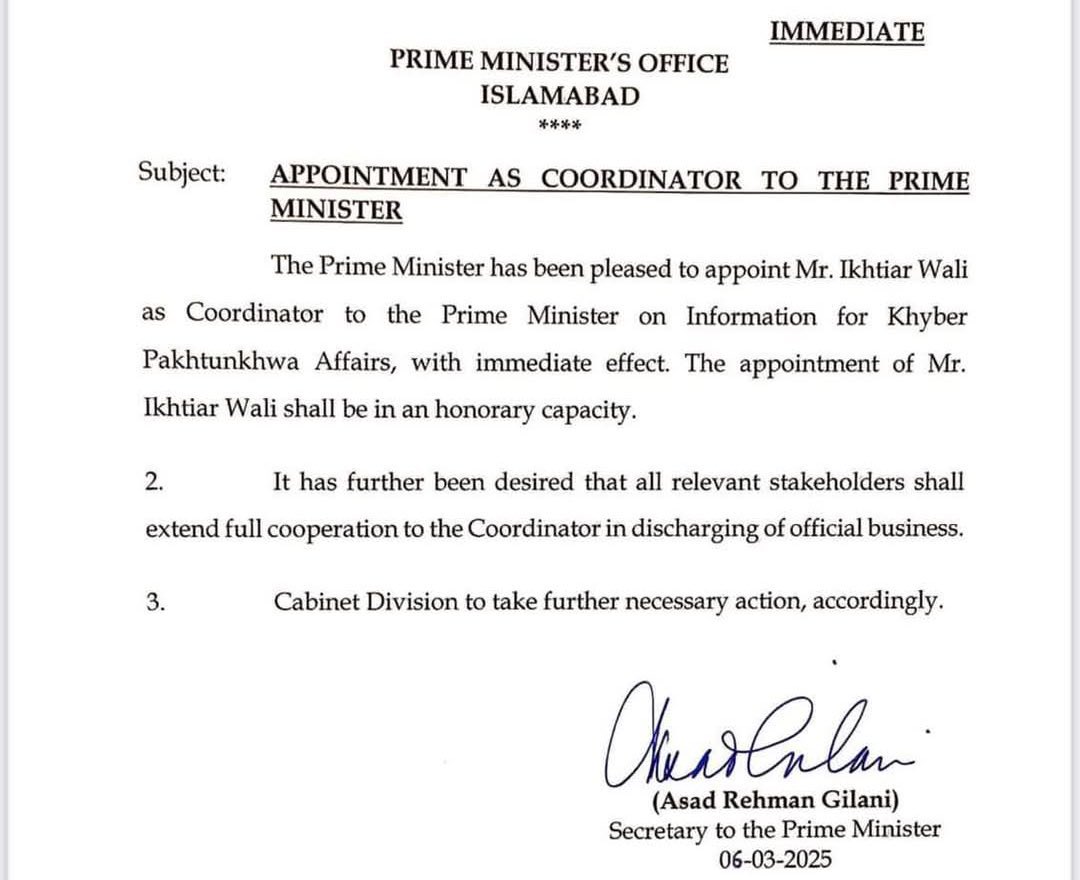 Azhar Javaid (@azharjavaiduk) on Twitter photo وزیراعظم شہبازشریف <a href="/CMShehbaz/">Shehbaz Sharif</a> نے اختیار ولی کو خیبرپختونخواہ امور کا کوآرڈینیٹر مقرر کردیا ہے، وزیراعظم شہبازشریف <a href="/CMShehbaz/">Shehbaz Sharif</a> نے اختیار ولی کو خیبرپختونخواہ امور کا کوآرڈینیٹر مقرر کردیا ہے،