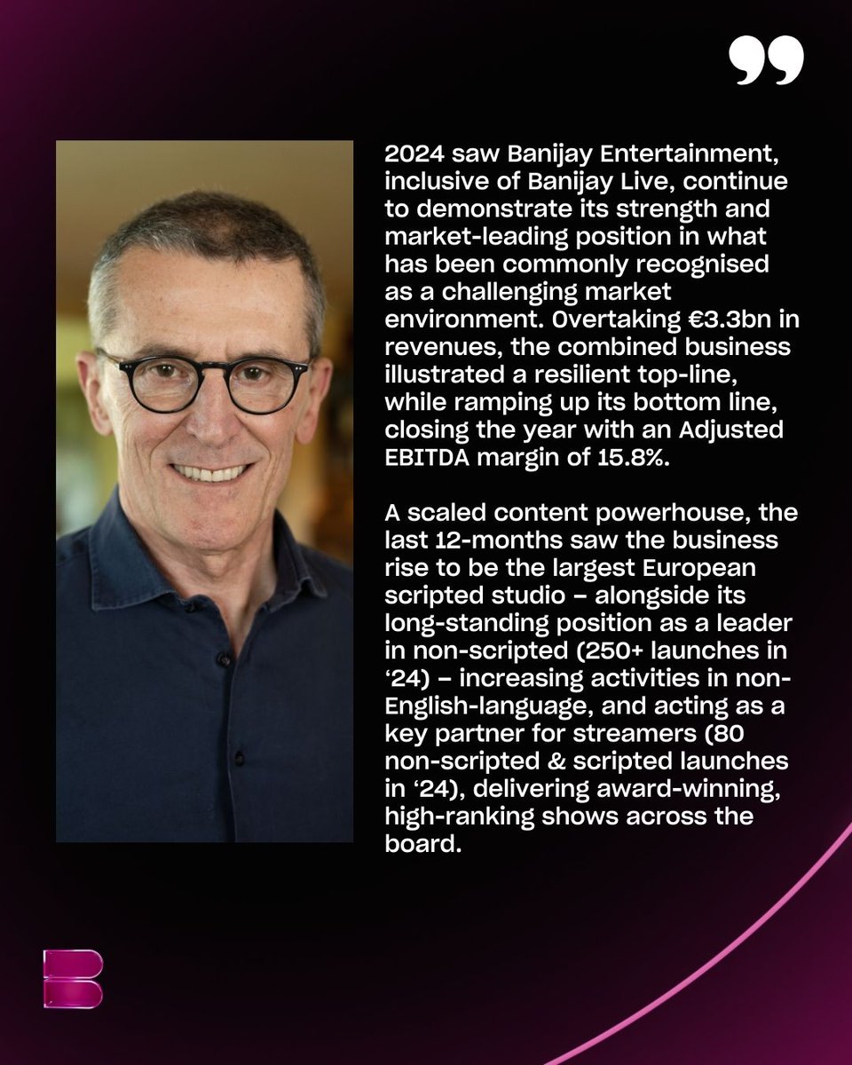 BanijayEnt's tweet photo. As Banijay Group releases its 2024 financials to the market, Banijay Entertainment’s CEO, Marco Bassetti comments on our performance (Banijay Entertainment and @BanijayLive) for the year.
#letsshowtheworld #banijayentertainment #banijaylive #annualresults #WeAreBanijay https://t.co/nPyikb90L5