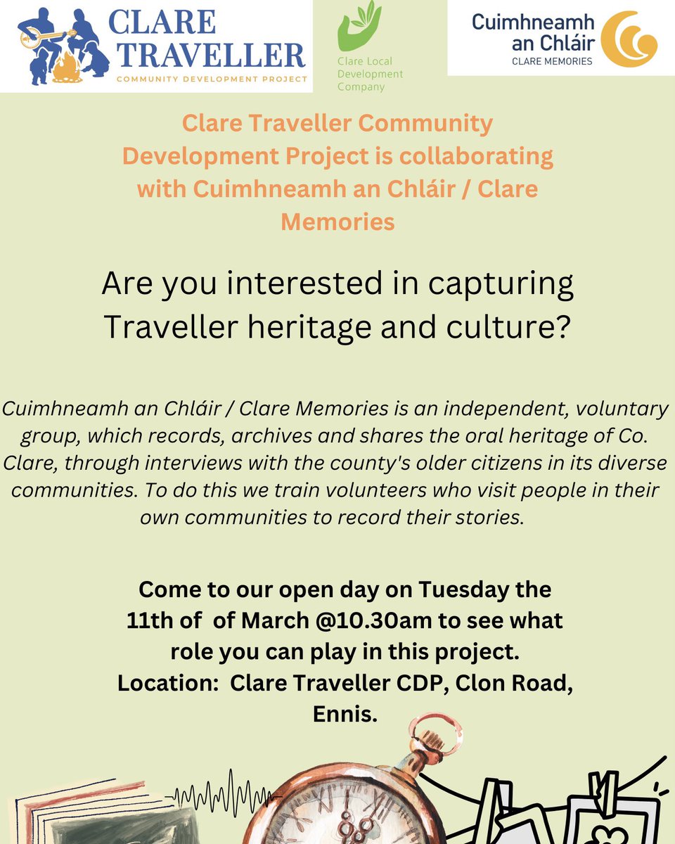 Cuimhneamh an Chláir (@clarememories) on Twitter photo Travellers recording Travellers: very excited to be getting this oral history drive off the ground shortly in Co. Clare. Looking forward to the good guidance of <a href="/Oeiny/">Oein DeBhairduin ✨</a> and Clare Traveller CDP Travellers recording Travellers: very excited to be getting this oral history drive off the ground shortly in Co. Clare. Looking forward to the good guidance of <a href="/Oeiny/">Oein DeBhairduin ✨</a> and Clare Traveller CDP