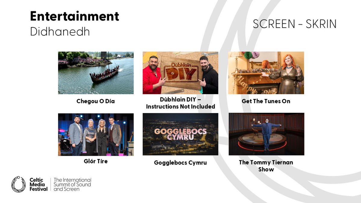 Celtic Media Festival (@celticmediafest) on Twitter photo The nominees in the #EntertainmentScreen category are
✨Chegou O Día <a href="/TVGalicia/">TVG</a>
✨Dùbhlain DIY – Instructions Not Included @BBCALBA
✨Get The Tunes On <a href="/ComedyUnit/">Comedy Unit</a> <a href="/BBCScotland/">BBC Scotland</a>
✨Glór Tíre <a href="/TG4TV/">TG4</a>
✨Gogglebocs Cymru @Cwmnida @Chwarel <a href="/S4C/">S4C 🏴</a>
✨The Tommy Tiernan Show @RTE
#CelticMedia The nominees in the #EntertainmentScreen category are
✨Chegou O Día <a href="/TVGalicia/">TVG</a>
✨Dùbhlain DIY – Instructions Not Included @BBCALBA
✨Get The Tunes On <a href="/ComedyUnit/">Comedy Unit</a> <a href="/BBCScotland/">BBC Scotland</a>
✨Glór Tíre <a href="/TG4TV/">TG4</a>
✨Gogglebocs Cymru @Cwmnida @Chwarel <a href="/S4C/">S4C 🏴</a>
✨The Tommy Tiernan Show @RTE
#CelticMedia